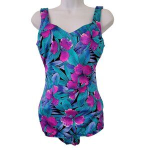 Maxine Hollywood Vintage 12 Bathing Suit 1 Pc Swim Tropical Blue Pink Floral Tan